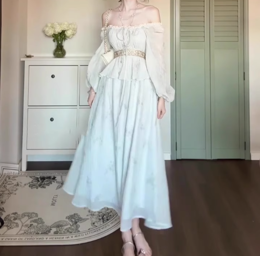 Gentle temperament blue one-shoulder dress beautiful waist A-line long skirt R0666