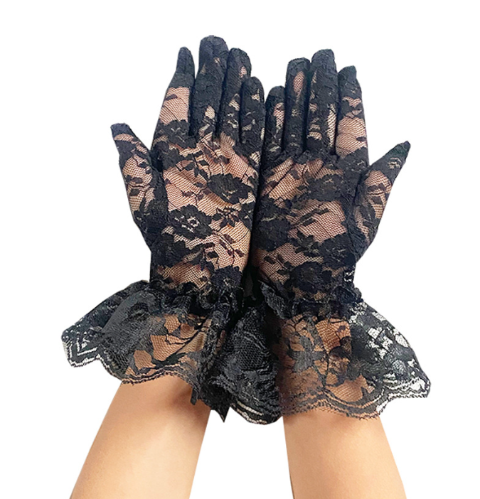 Children's elastic retro black lace lace mesh gloves white bride hollow thin sunscreen     S6254