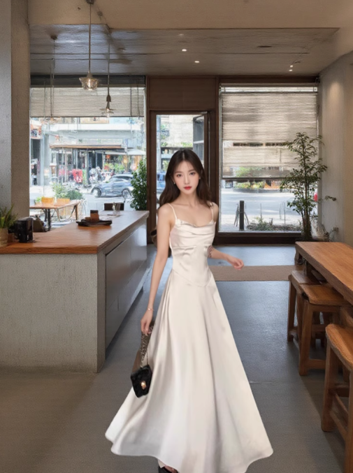 French style white suspender dress with swaying collar and satin temperament slim dress R1539