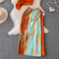 Summer sling holiday style gradient orange tie-dyed skirt knot design niche long skirt two-piece set R0321