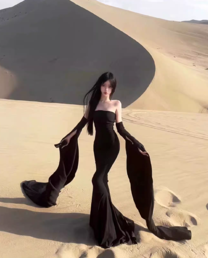 Travel photo skirt red dress desert travel outfit black ribbon evening dress long skirt R1566