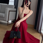 Retro red suspender dress slim waist square neck dress long skirt R1537