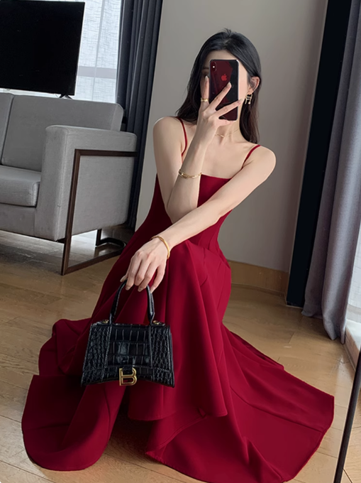 Retro red suspender dress slim waist square neck dress long skirt R1537