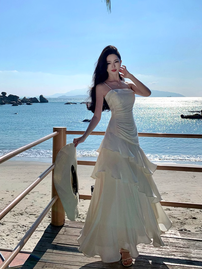 Fairy high-class temperament mermaid Ji streamer suspender skirt dress dress one shoulder dress R1715