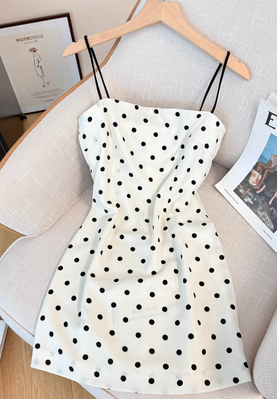 French polka dot suspender dress for women summer new waist slimming short hip skirt R3954