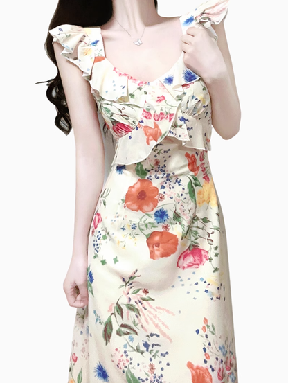 2025 Summer New Floral Ruffle French Temperament Sleeveless Dress R0903