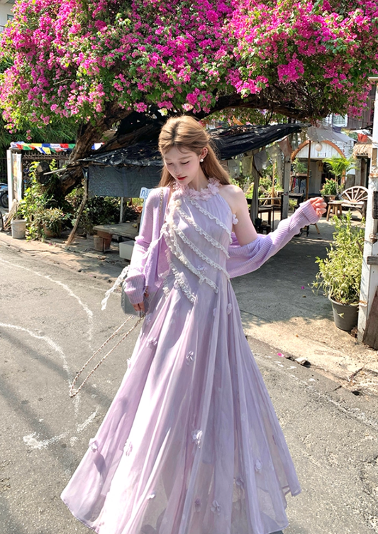 Purple long halter neck dress summer French retro slim fit temperament skirt R4623