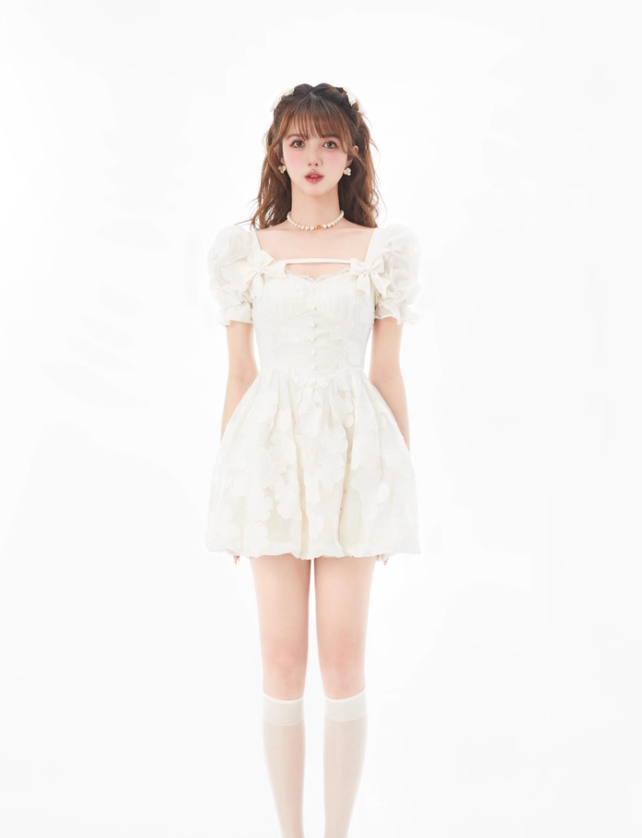 French artistic skirt light luxury romantic fairy bow print dress R4987