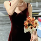 Burgundy suspender dress sexy V-neck backless high-end Christmas annual party hip dress R1471