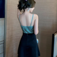 Sexy low-cut splicing V-neck suspender dress 2025 new slimming and hip-hugging A-line short skirt R3715