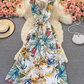 Backless V-neck printed dress for beach vacation, slim waist and long skirt R0360