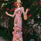 Pink retro rose print one-shoulder slim waist long dress homecoming dress R3251