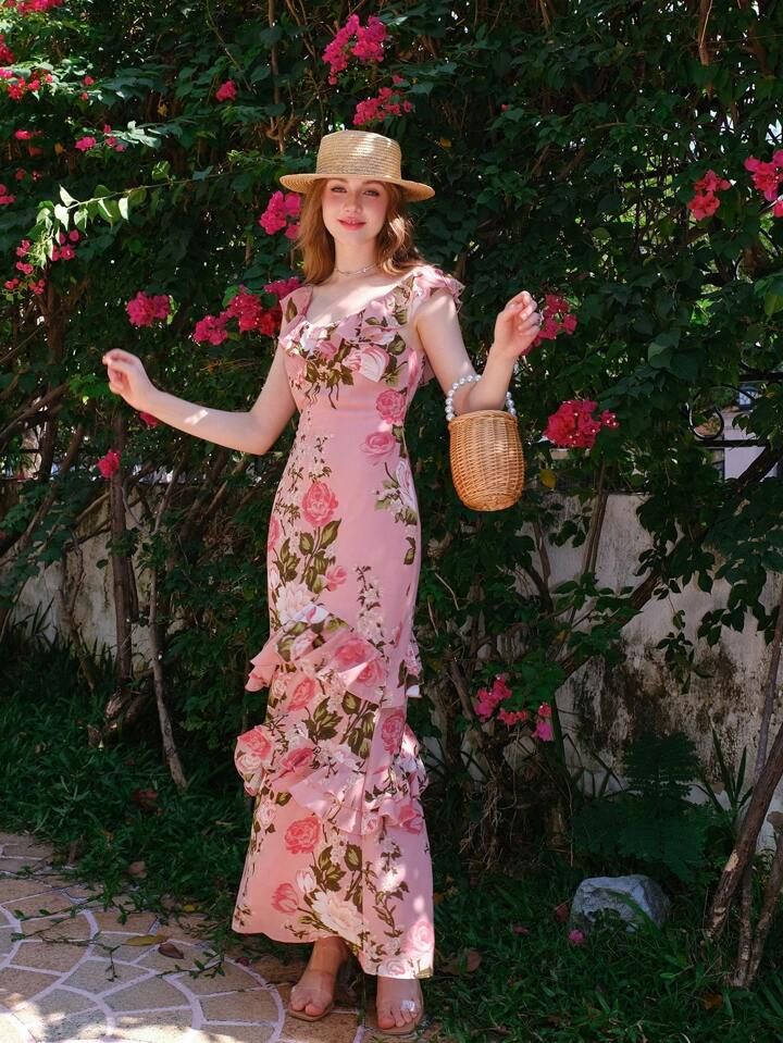 Pink retro rose print one-shoulder slim waist long dress homecoming dress R3251