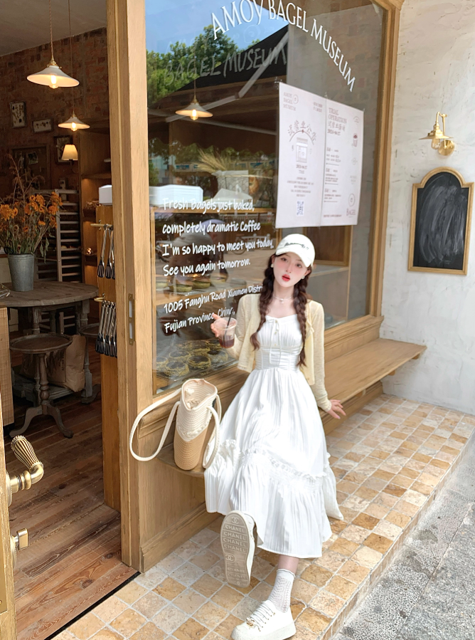 French style white sling long skirt for women summer temperament waist dress R3830