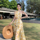 Chic and beautiful skirt atmosphere off-shoulder waist dress chiffon floral beach skirt R1622