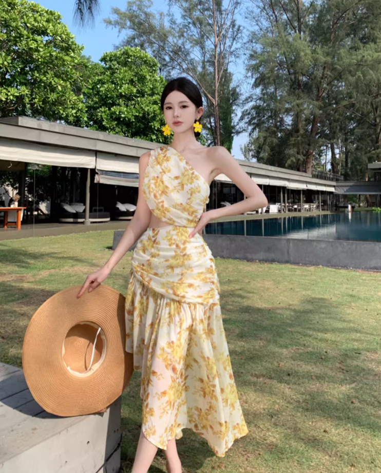 Chic and beautiful skirt atmosphere off-shoulder waist dress chiffon floral beach skirt R1622