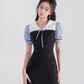 College style black dress women's summer puff sleeve short skirt new high waist splicing skirt R4461