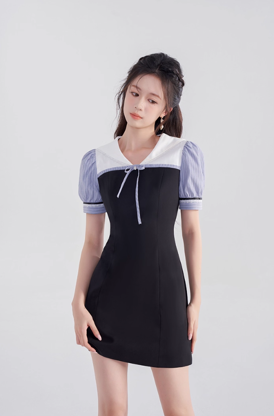 College style black dress women's summer puff sleeve short skirt new high waist splicing skirt R4461