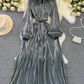 High-class lady temperament long-sleeved bow tie waist slimming A-line shiny sequin dress R0388
