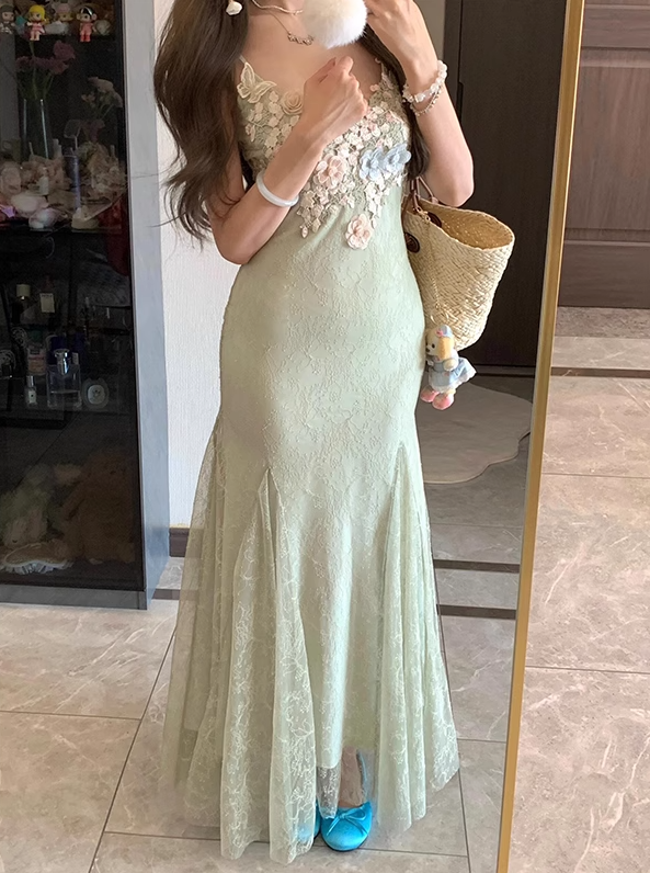 Mint green flower suspender dress gentle temperament waist hip skirt R0624