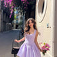 Purple suspenders waist slim pleated short skirt homecoming dress R3068
