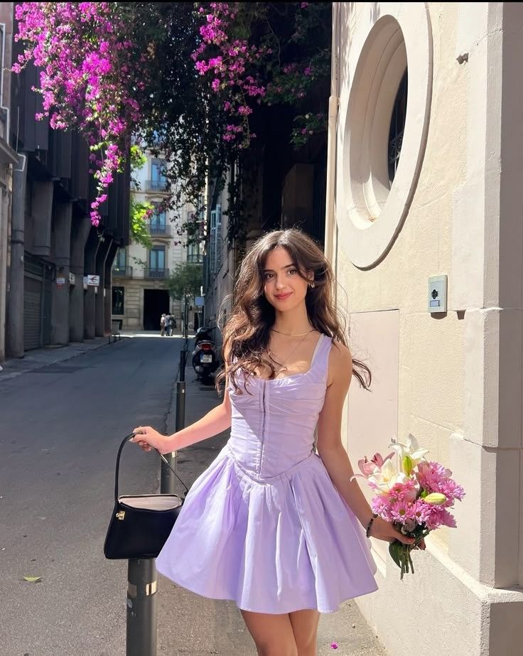 Purple suspenders waist slim pleated short skirt homecoming dress R3068