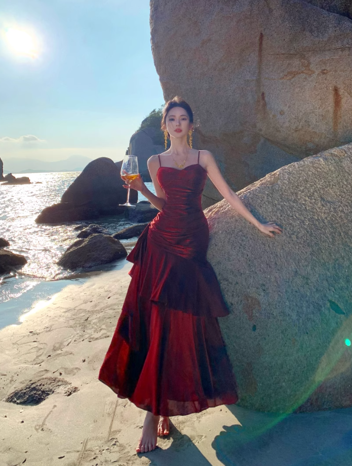 Fairy mermaid dress ruffled high-grade temperament red dress R1716