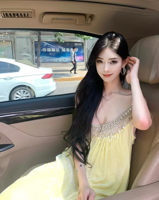 French style beautiful yellow temperament sling dress loose lazy holiday beach dress R1588