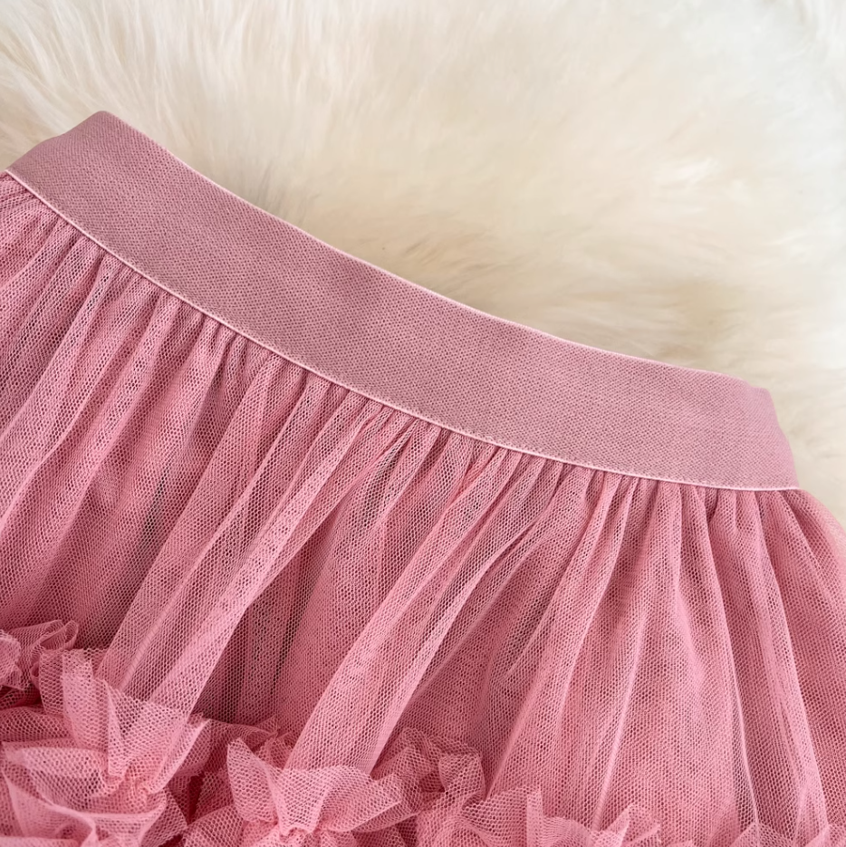 High waist slim mesh skirt elastic waist mid-length over the knee multi-layered wood ear edge cake skirt R0306