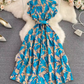 Gentle style stand-up collar, slim waist, printed A-line long swing dress 2025 high waist elegant long skirt R0359