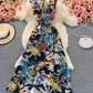 Backless V-neck printed dress for beach vacation, slim waist and long skirt R0360