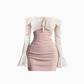 Pure desire style one shoulder lace dress 2025 contrast color waist hip skirt R1275