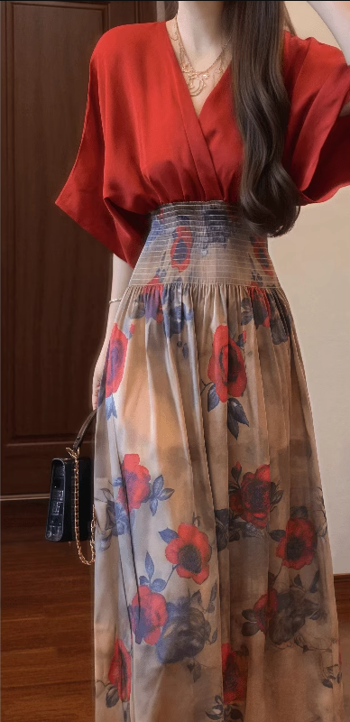 Retro red v-neck dress gentle temperament waist a-line long skirt R0744