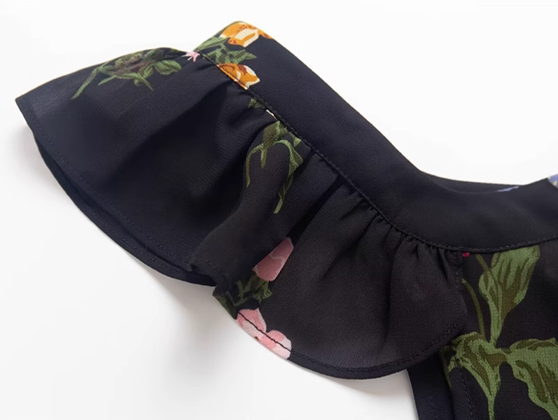 2025 summer new black floral waist slimming small flying sleeves holiday dress R0953