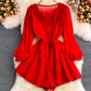 New fashion loose v-neck single-breasted waist strap chiffon puff sleeve jumpsuit wide-leg shorts trend R0350