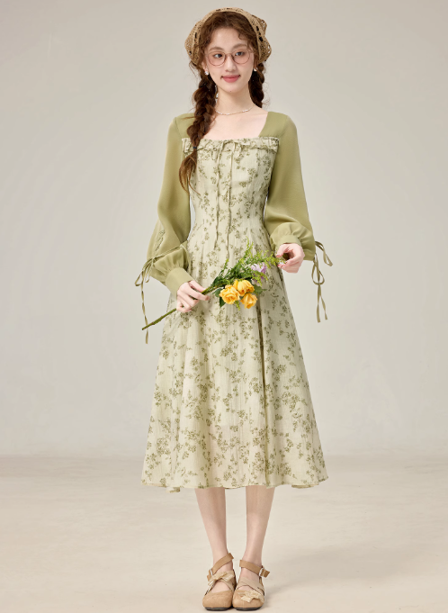 Spring new temperament green floral dress travel holiday dress R1924
