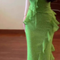 Green floral suspender dress with ruffles and gentle waist and hip skirt R0621