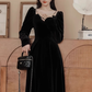 Velvet long-sleeved dress black retro high-end temperament suspender long skirt A-line dress R1530