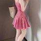Retro red plaid suspender dress gentle temperament waist A-line short skirt R0791