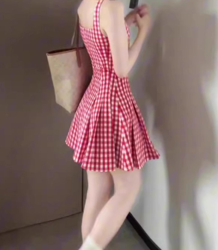 Retro red plaid suspender dress gentle temperament waist A-line short skirt R0791