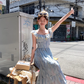 Blue long chiffon printed small flying sleeve suspender dress summer French sweet slim skirt R4616