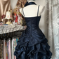 Dark blue halter neck fitted waist slim-fitting ball gown with a full skirt R7584