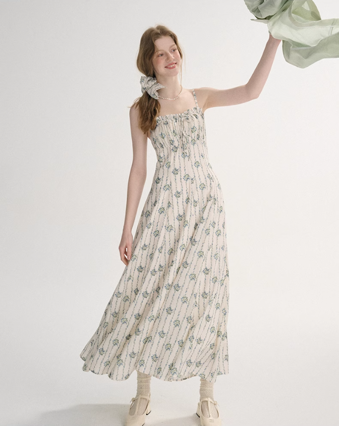 French floral suspender dress tea break small fresh sleeveless long dress R2691