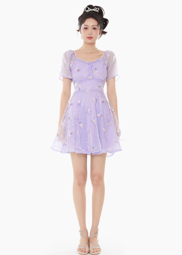 Purple fairy lace chiffon suspender dress women's summer waist mesh skirt R4181