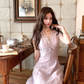 Purple V-neck short-sleeved lace waist dress summer French retro temperament A-line skirt R4582