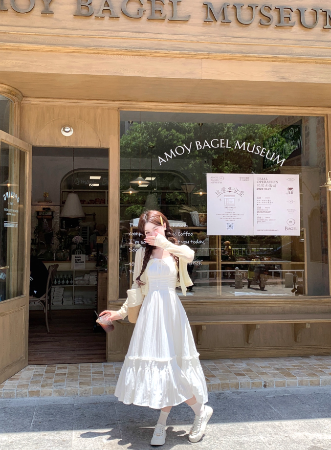 French style white sling long skirt for women summer temperament waist dress R3830