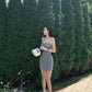 Black and white checkered suspenders waist slim short skirt homecoming dress R3254