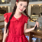Red doll collar Tencel small flying sleeve dress summer French temperament slim skirt R4783