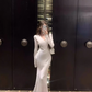 French V-neck satin long-sleeved dress, elegant waist and hip-hugging beautiful long dress R1462