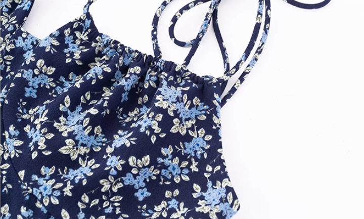 French retro floral suspender dress 2025 new holiday navy blue long dress R2591